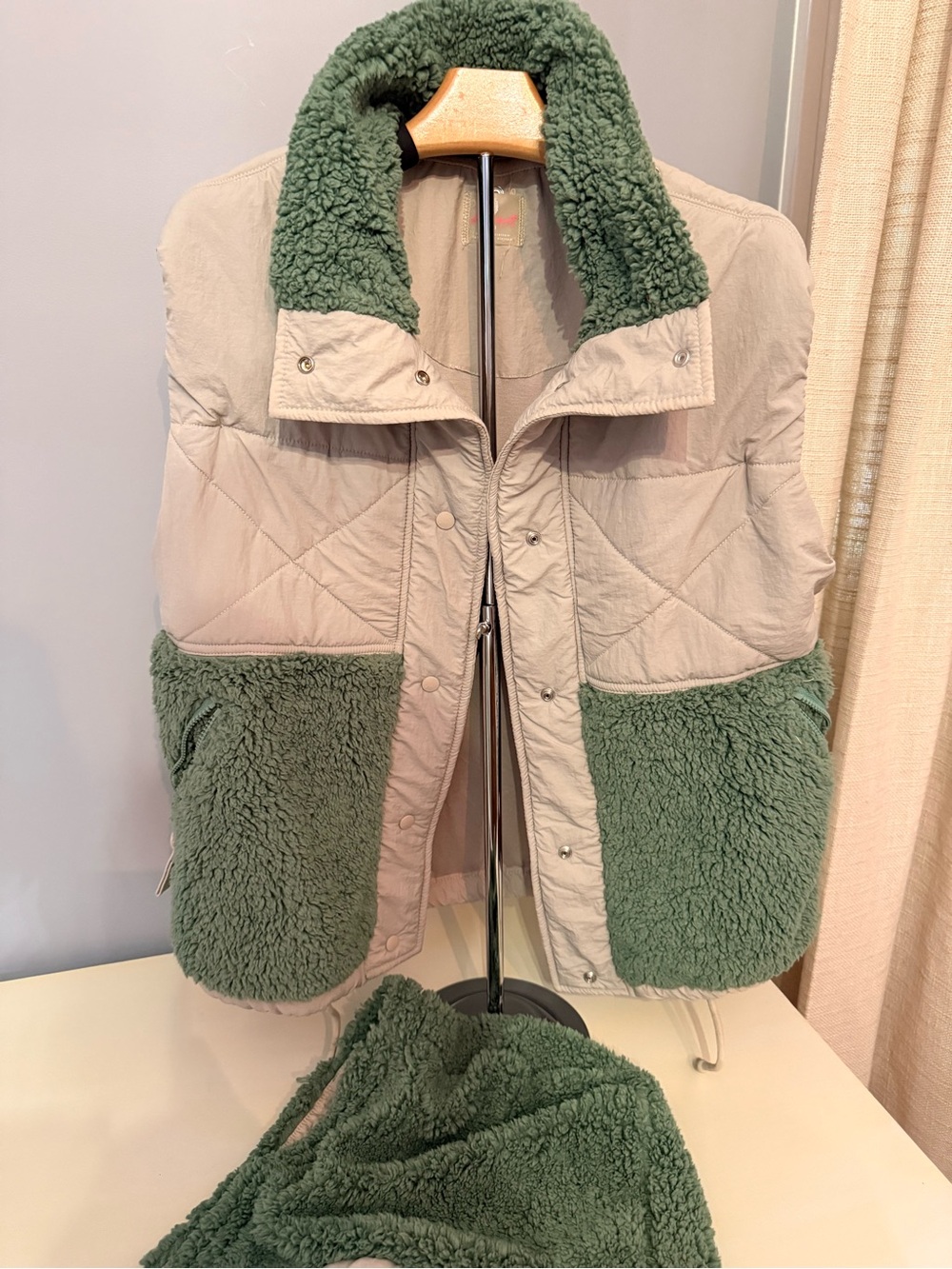 Reversible Free People Women’s Quilted Teddy Jacket with Green Sherpa Trim